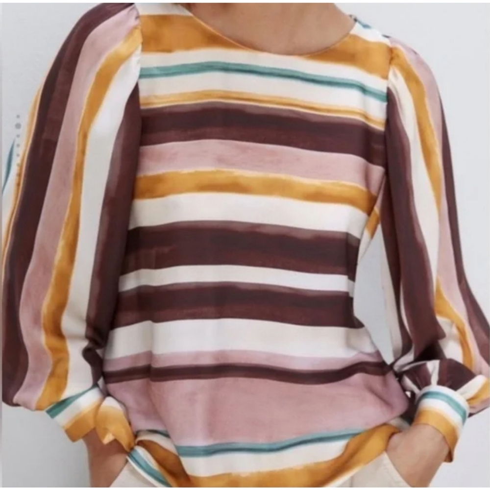 Zara Women’s Watercolor Striped Long Sleeve Tie Waist Top Blouse Size Small